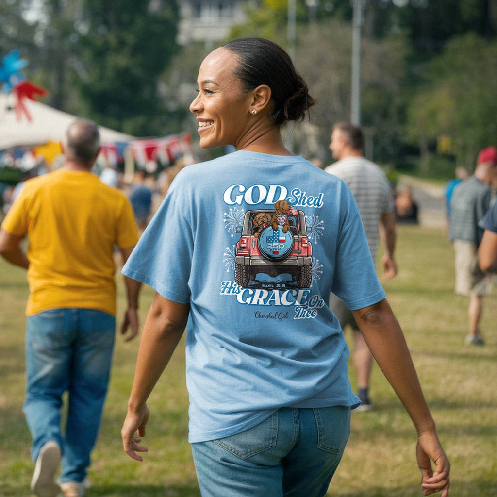 Cherished Girl Womens T-Shirt God Shed His Grace: Sky Blue
