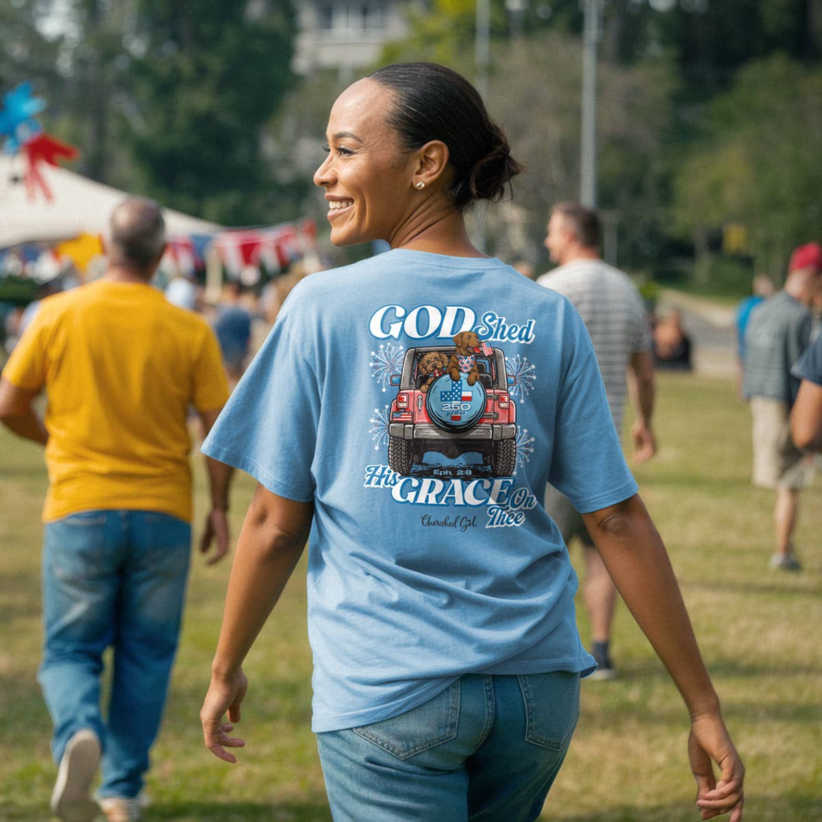 Cherished Girl Womens T-Shirt God Shed His Grace: Sky Blue