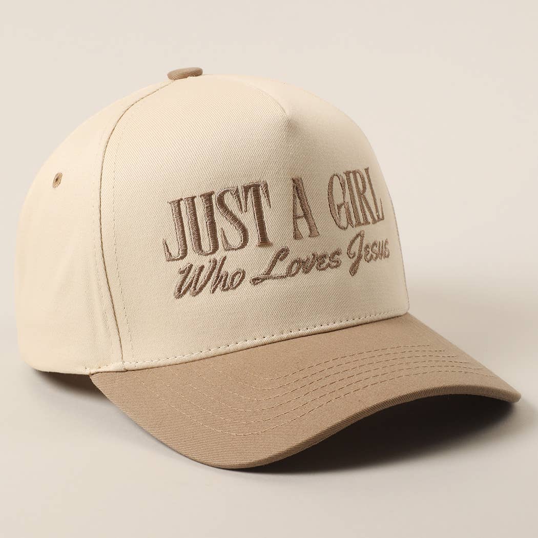 Just A Girl Who Loves Jesus Embroidery Trucker Hat: Beige / ONE SIZE