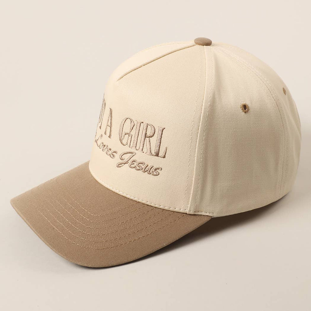 Just A Girl Who Loves Jesus Embroidery Trucker Hat: Beige / ONE SIZE