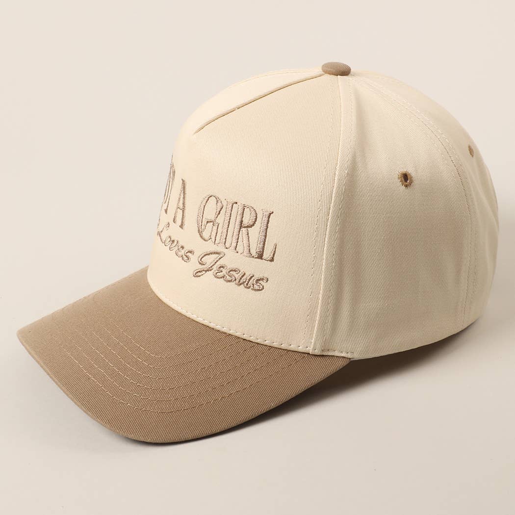 Just A Girl Who Loves Jesus Embroidery Trucker Hat: Beige / ONE SIZE