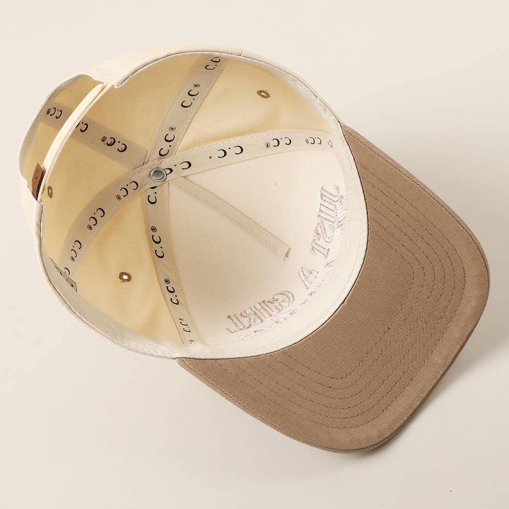 Just A Girl Who Loves Jesus Embroidery Trucker Hat: Beige / ONE SIZE