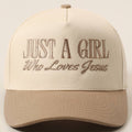 Just A Girl Who Loves Jesus Embroidery Trucker Hat: Beige / ONE SIZE