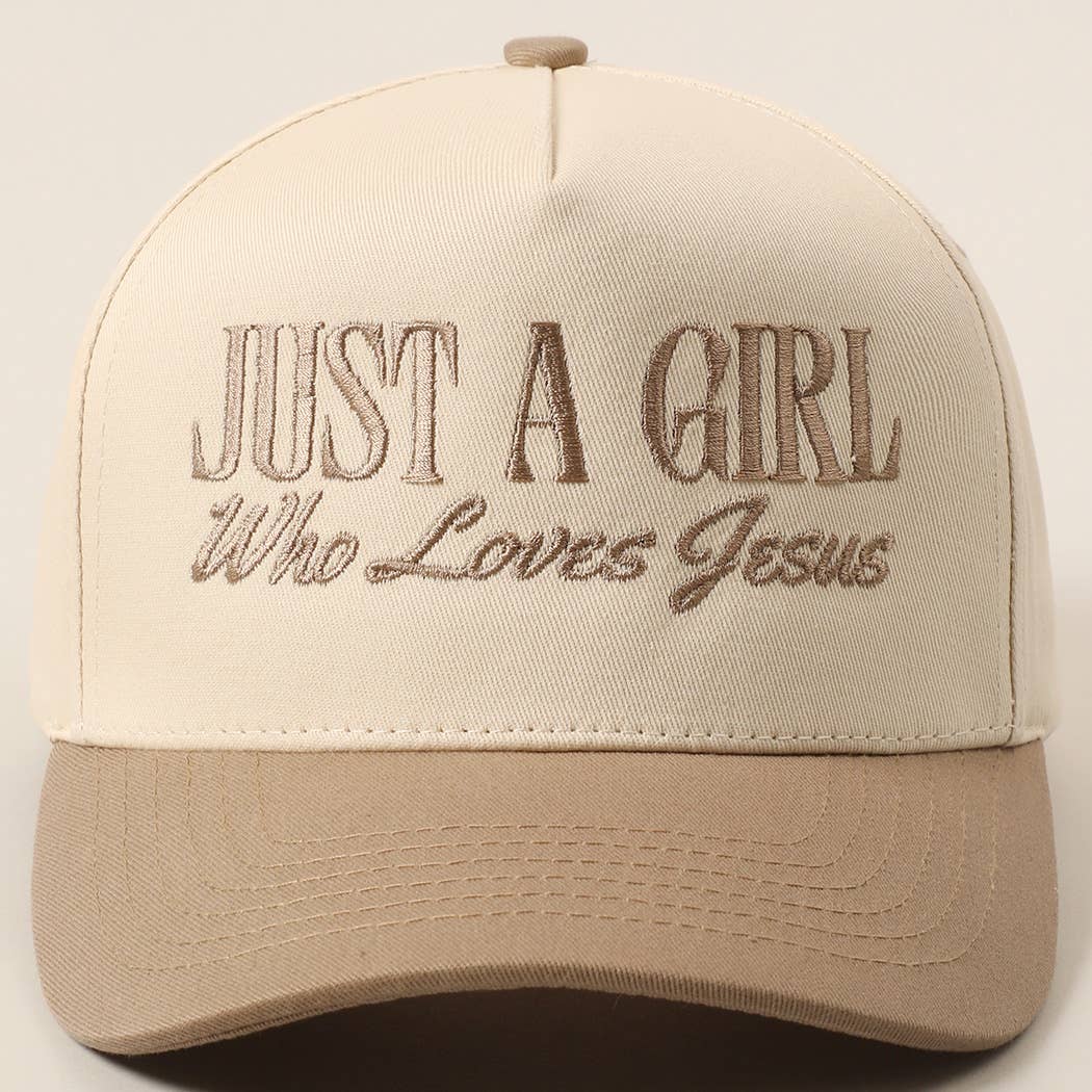Just A Girl Who Loves Jesus Embroidery Trucker Hat: Beige / ONE SIZE